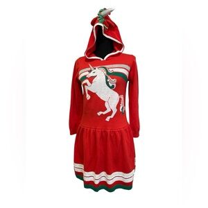 Well Worn Unicorn Sweater Dress Whimsical Hooded Long Sleeve Cotton Red Green XL